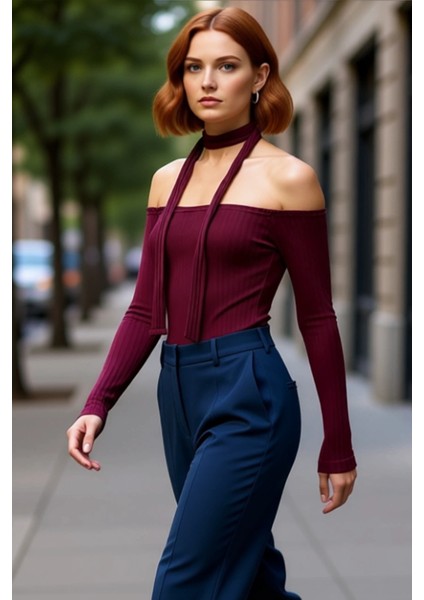 Stil Kadın Fitilli Şal Detaylı Fitted Vücuda Oturan Esnek Bluz Crop Örme Slim Kalıp modelleri