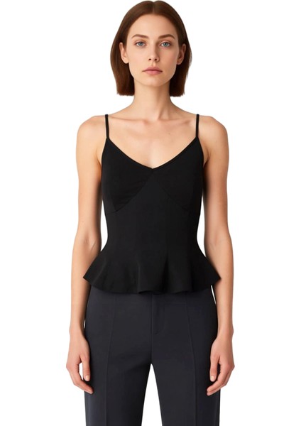 Kadın Fermuarlı Peplum Bluz Ince Askılı ve Kalp Yaka Tasarım Kaliteli Şık Rahat Modern Zarif