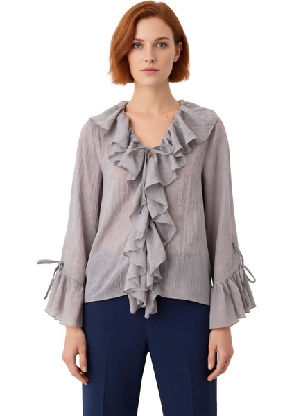 Kadın Dokuma Kumaşlı V Yaka Uzun Kollu Bluz Kaliteli Şık Rahat Modern Zarif Günlük fiyatları