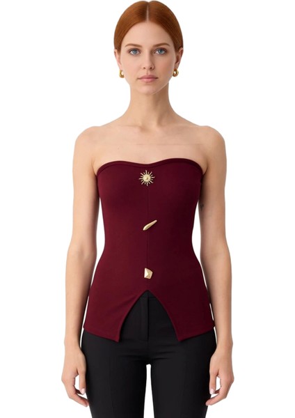 Kadın Esnek Straplez Bluz Ottoman Dokuma Düğme Detaylı Vücut Hatlarını Belirginleştiren Kesim