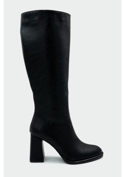 Janga Siyah Yuvarlak Burun Fermuarlı Çizme