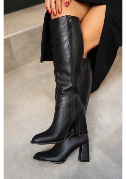 Janga Siyah Yuvarlak Burun Fermuarlı Çizme indirimleri