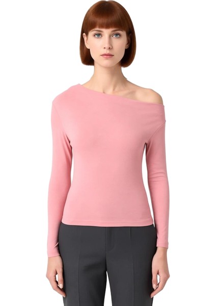 Moda Kayık Yaka Örme Slim Çizgili Desen Casual Günlük Regular Uzun Kol Bluz