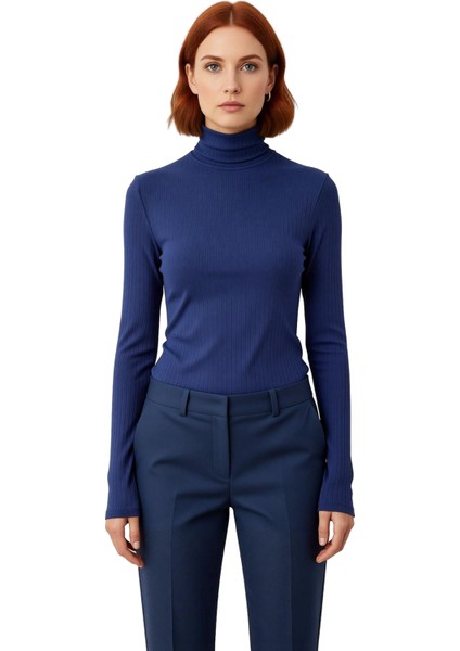 Kadın Yüksek Yaka Esnek Örme Uzun Kollu Bluz Kaliteli Şık Rahat Modern Zarif Günlük