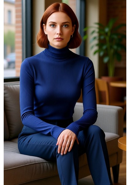 Kadın Yüksek Yaka Esnek Örme Uzun Kollu Bluz Kaliteli Şık Rahat Modern Zarif Günlük fırsatları