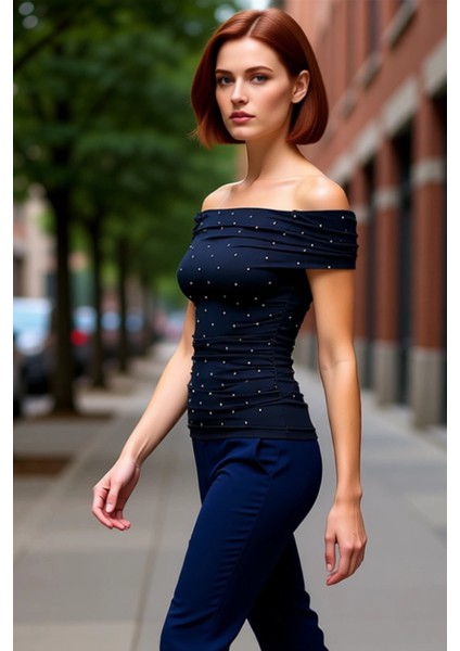 Kadın Carmen Yaka Noktalı Örme Bluz Zarif ve Şık Bir Seçim Kaliteli Şık Rahat Modern Zarif