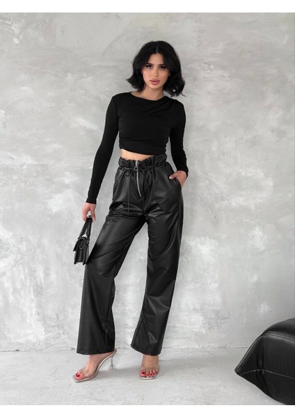 Kendinden İnce Kemerli Deri Pantolon Siyah