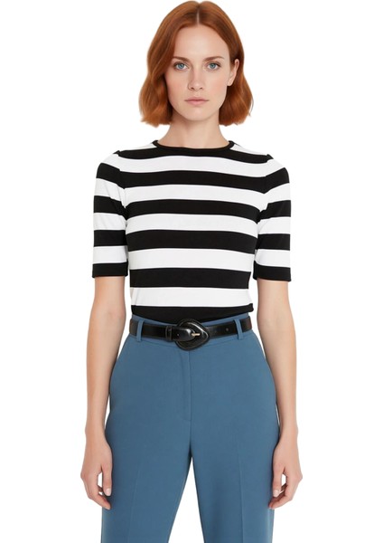 Kadın Triko Bluz Çizgili Bisiklet Yaka Kısa Kollu Polyester Regular Boy Günlük Casual Kullanım Için