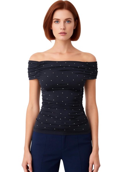 Kadın Carmen Yaka Noktalı Örme Bluz Zarif ve Şık Bir Seçim Kaliteli Şık Rahat Modern Zarif modelleri