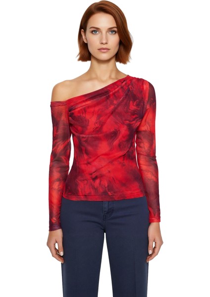 Kadın Moda Şık Üst Giyim Regular Asimetrik Yaka Düşük Kol Slim Kalıp Örme Siyah Tül Astarlı Bluz fiyatları