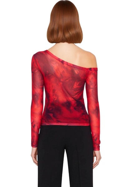 Kadın Moda Şık Üst Giyim Regular Asimetrik Yaka Düşük Kol Slim Kalıp Örme Siyah Tül Astarlı Bluz modelleri