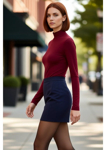 Kadın Moda Şık Regular Dik Yaka Slim Kalıp Örme Fitted Vücuda Oturan Kollu Fitilli Esnek Bluz fırsatları