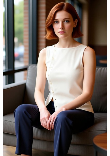 Asimetrik Kesim Düğmeli Örme Bluz Nefes Alan Pamuk Kumaş Zarifane Tasarım