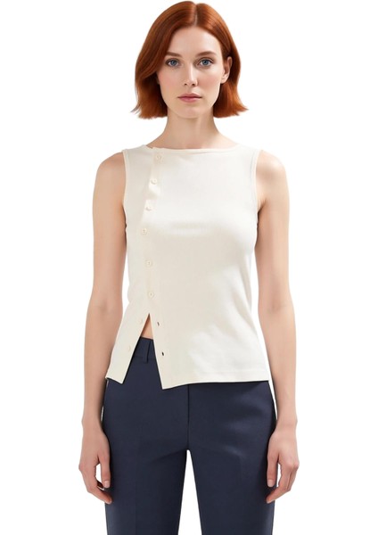 Asimetrik Kesim Düğmeli Örme Bluz Nefes Alan Pamuk Kumaş Zarifane Tasarım fiyatları