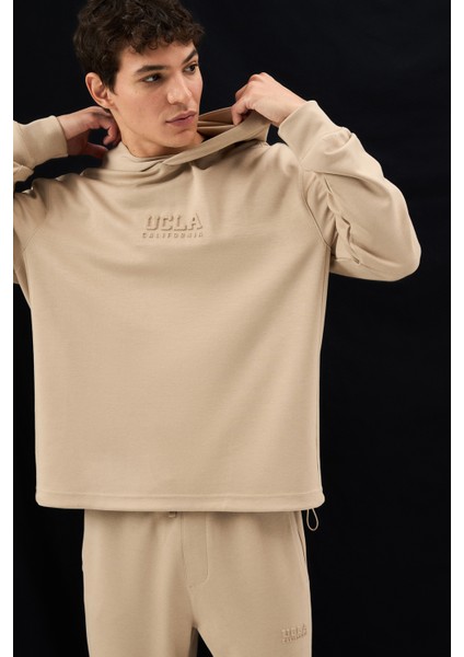 Wınfrey Koyu Bej Kapüşonlu Gofre Baskı Standard Fit Erkek Sweatshirt fırsatları