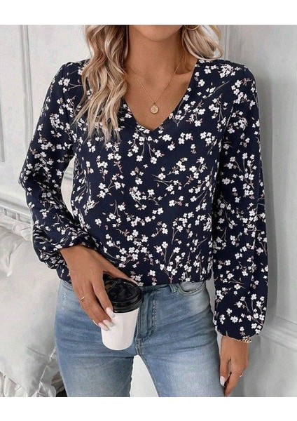 Kadın Uzun Kollu V Yakalı Çiçek Desenli Modal Bluz