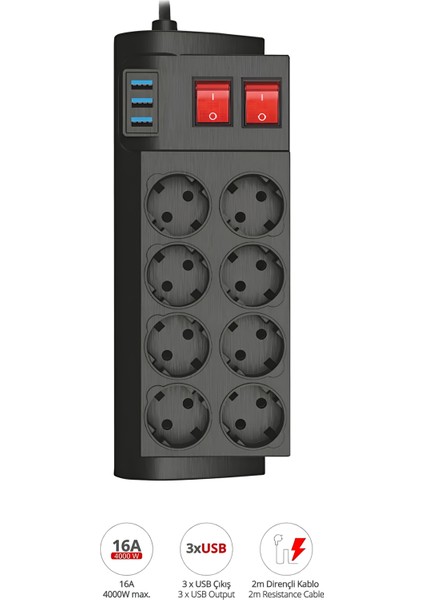 Termal Akım Korumalı USB 2.1A Şarj Çıkışlı 8’li Uzatma Prizi – 2 Metre 16A 4000W Güç Dağıtıcı Grup Priz 3411