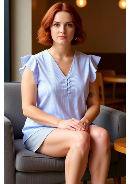 Kadın Düğmeli V Yaka Fırfır Kol Çizgili Dokuma Bluz Kaliteli Şık Rahat Modern Zarif Günlük