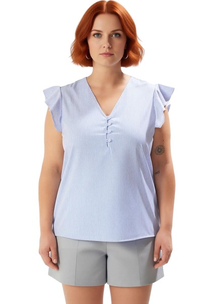 Kadın Düğmeli V Yaka Fırfır Kol Çizgili Dokuma Bluz Kaliteli Şık Rahat Modern Zarif Günlük fiyatları