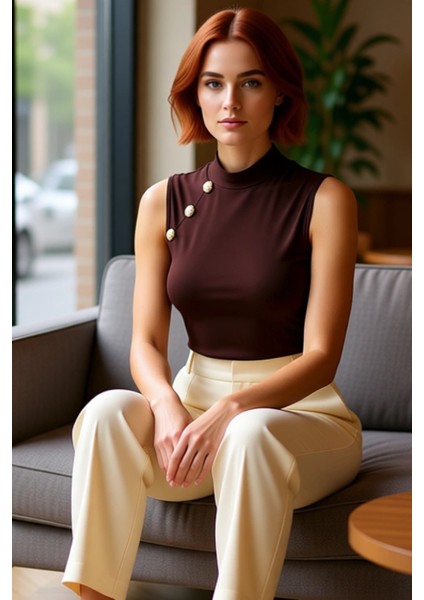 Kadın Yüksek Yaka Düğmeli Kolsuz Üst Kaliteli Şık Rahat Modern Zarif Günlük