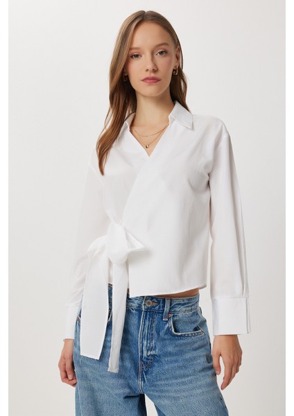 Gömlek Yaka Anvelop Poplin Bluz LZV0040 Beyaz