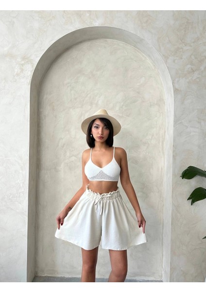 Volanlı Keten Şort Bej S255058