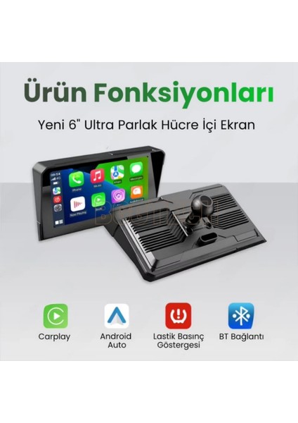 Motocarplay Akıllı Ekran Kablosuz Carplay 6 Inç 4k, Lastik Basınç Sensörü + Bluetooth Gps fiyatları