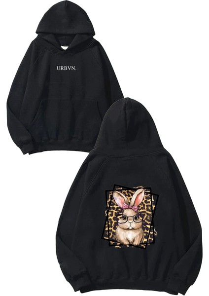 Leopar Tavşan Tasarım Baskılı Oversize Siyah Kapüşonlu Sweatshirt