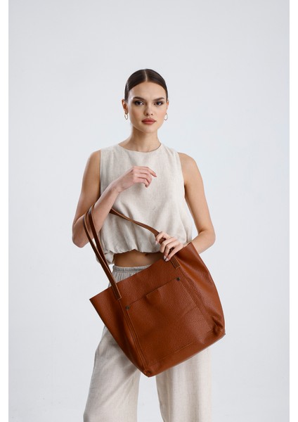 %100 Hakiki Deri Ön Cepli Shopper Kadın El ve Omuz Çantası fırsatları