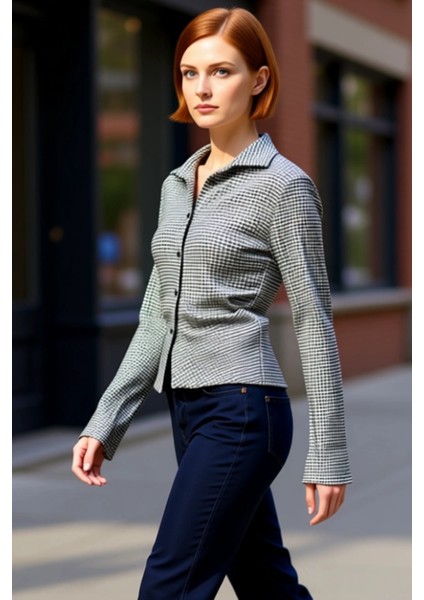 Kadın Fitted Kareli Örme Bluz Gömlek Yaka Ispanyol Kol Uzun Kollu Kaliteli Şık Rahat Modern modelleri
