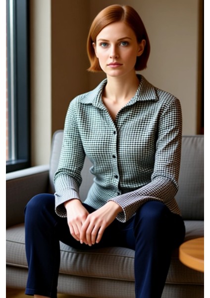 Kadın Fitted Kareli Örme Bluz Gömlek Yaka Ispanyol Kol Uzun Kollu Kaliteli Şık Rahat Modern fırsatları