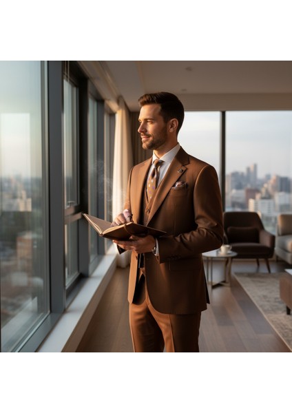 Erkek Takım Elbise, Mono Yaka, Blazer, Slımfıt, Kahverengi