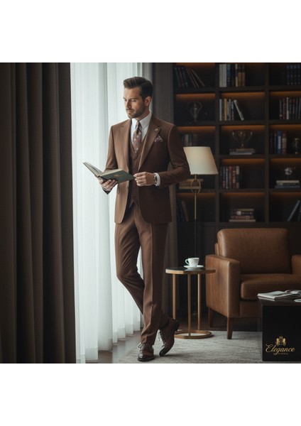 Erkek Takım Elbise, Mono Yaka, Blazer, Slımfıt, Kahverengi