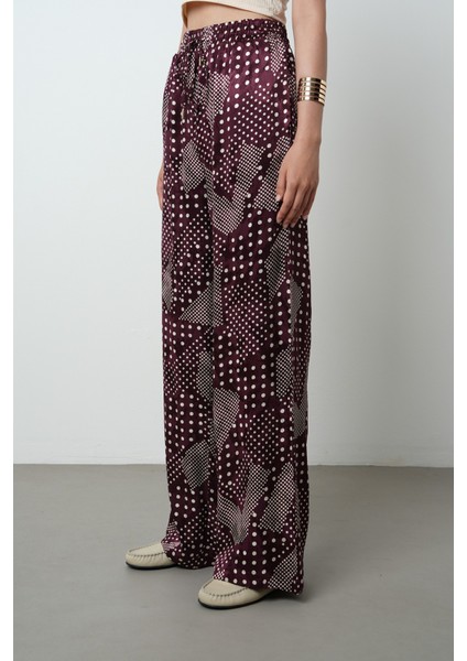 Kadın Bordo Renk Puantiye Desenli Bol Paça Beli Lastikli Pantolon fiyatları