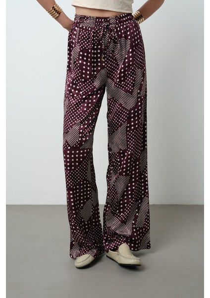 Kadın Bordo Renk Puantiye Desenli Bol Paça Beli Lastikli Pantolon modelleri