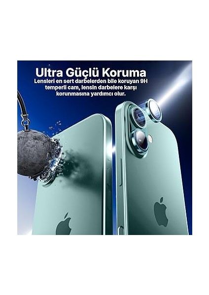 iPhone 16 ve 16 Plus ile Uyumlu Alüminyum Alaşım Çerçeveli ve 9h Sertliğinde Temperli Camlı Lens Koruyucu (Yeşil, Sapphire Glass) fiyatları