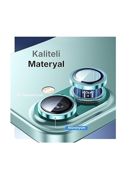 iPhone 16 ve 16 Plus ile Uyumlu Alüminyum Alaşım Çerçeveli ve 9h Sertliğinde Temperli Camlı Lens Koruyucu (Yeşil, Sapphire Glass) modelleri
