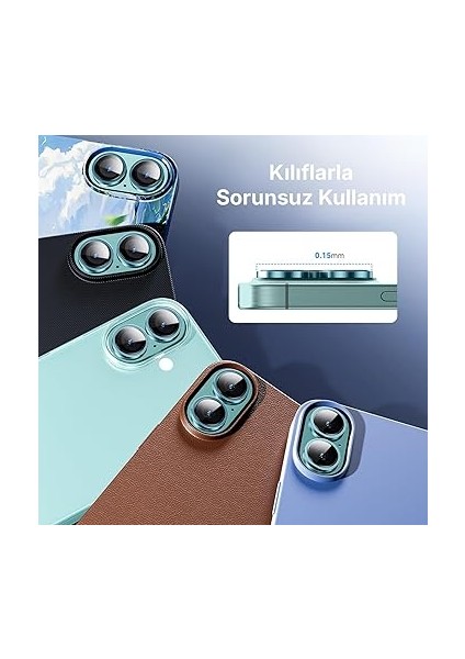 iPhone 16 ve 16 Plus ile Uyumlu Alüminyum Alaşım Çerçeveli ve 9h Sertliğinde Temperli Camlı Lens Koruyucu (Yeşil, Sapphire Glass) indirimleri