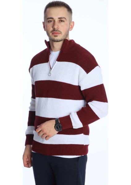 Parçalı Selanik Yarım Fermuar Kazak Bordo