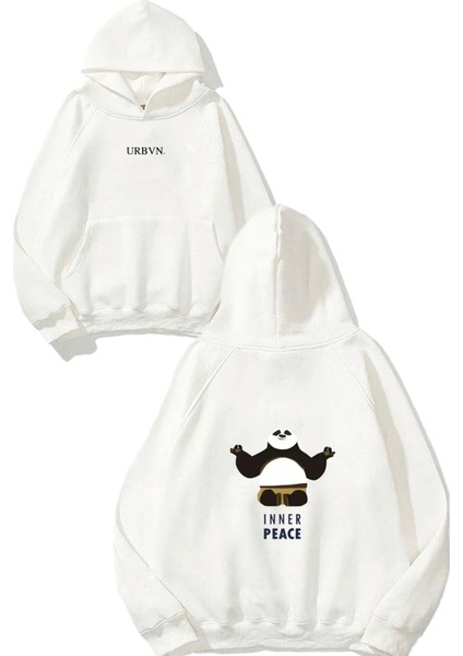 Inner Peace Tasarım Baskılı Oversize Beyaz Kapüşonlu Sweatshirt