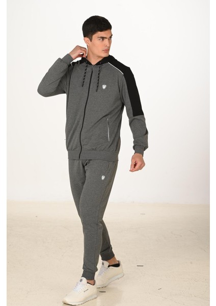 Erkek Pamuklu Tam Fermuarlı Kapüşonlu Eşofman Takımı Antrasit M. 5282-A