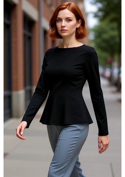 Kadın Belden Oturtmalı Peplum Detaylı Kayık Yaka Bluz Kaliteli Şık Rahat Modern Zarif Günlük modelleri