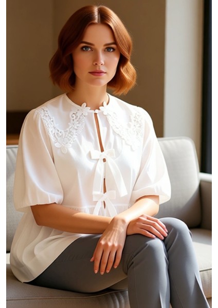 Kadın Büyük Beden Bluz Brode ve Fiyonk Detaylı Rahat Kesim Kaliteli Şık Rahat Modern Zarif