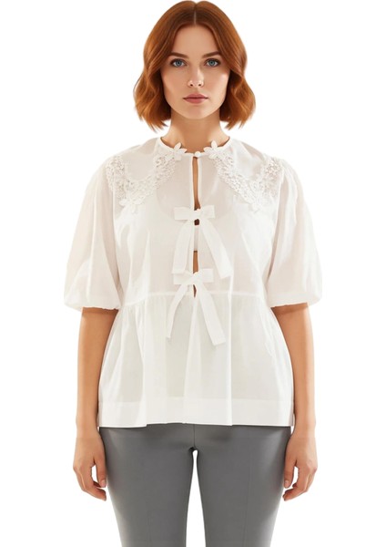 Kadın Büyük Beden Bluz Brode ve Fiyonk Detaylı Rahat Kesim Kaliteli Şık Rahat Modern Zarif fiyatları