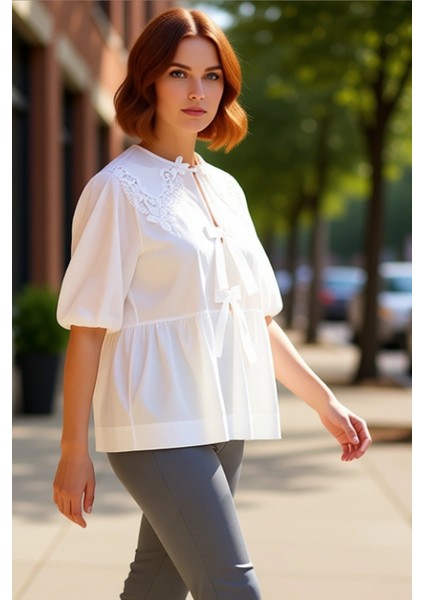 Kadın Büyük Beden Bluz Brode ve Fiyonk Detaylı Rahat Kesim Kaliteli Şık Rahat Modern Zarif fırsatları