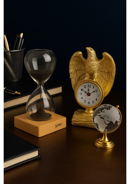 3 Lü Masa Üstü Premium Set – Kartal Biblo Saat, Kum Saati, Cam Dünya Küre Dekoratif Ofis Hediyesi