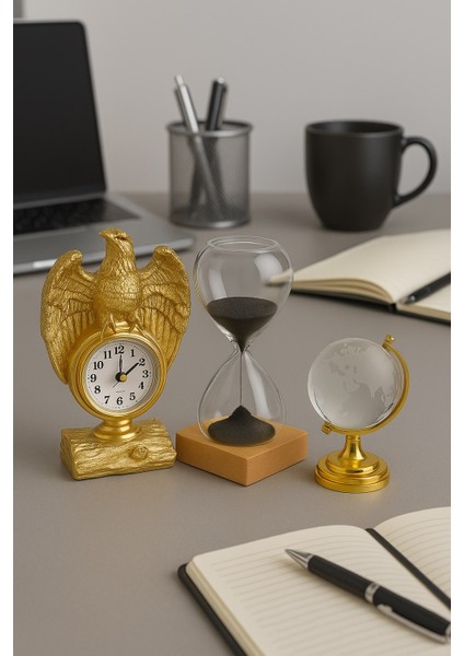 3 Lü Masa Üstü Premium Set – Kartal Biblo Saat, Kum Saati, Cam Dünya Küre Dekoratif Ofis Hediyesi fiyatları