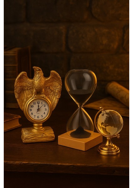 3 Lü Masa Üstü Premium Set – Kartal Biblo Saat, Kum Saati, Cam Dünya Küre Dekoratif Ofis Hediyesi modelleri
