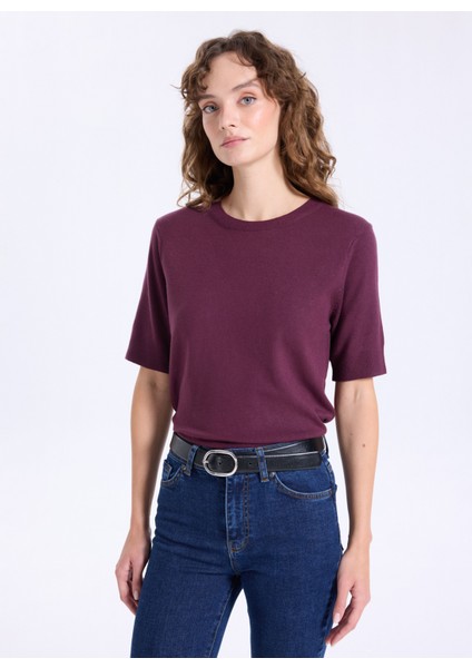 Bisiklet Yaka Basic Düz Örgü Desenli Mürdüm Kazak Kadın J5WL-KZK7130