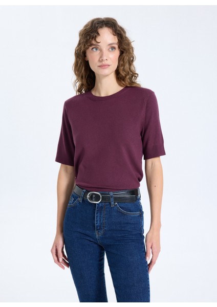 Bisiklet Yaka Basic Düz Örgü Desenli Mürdüm Kazak Kadın J5WL-KZK7130 modelleri